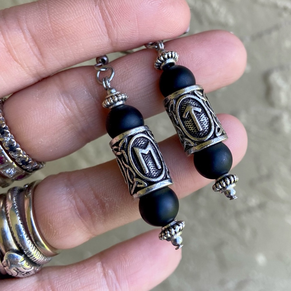 Matte Black onyx viking celtic runes dangly stainless steel post hooks earrings - Picture 2 of 9